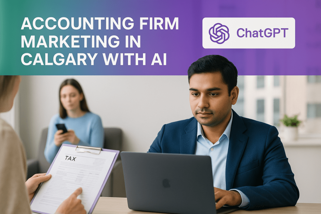 Canadian accountant in Calgary office working on laptop with client reviewing tax papers in realistic daylight setting