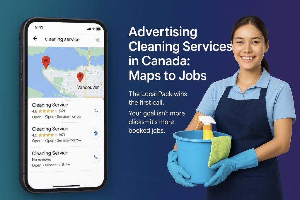 Canadian cleaning professional holding supplies beside Google Maps search showing cleaning listings in Vancouver