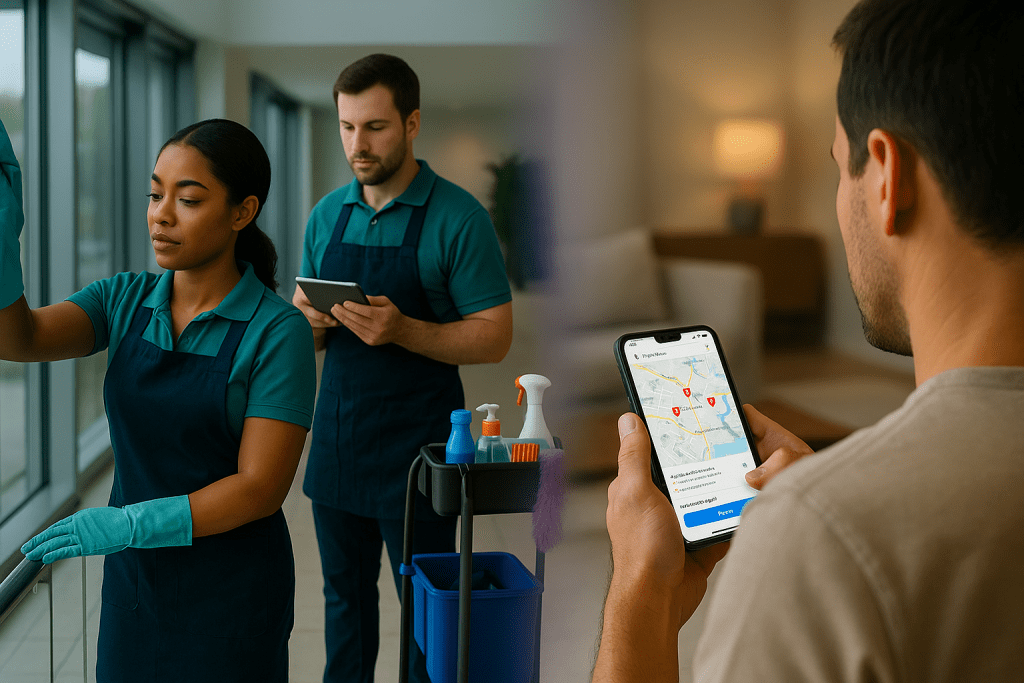 Calgary cleaners working in bright office while client in beige shirt uses phone with Google Maps to find cleaning services