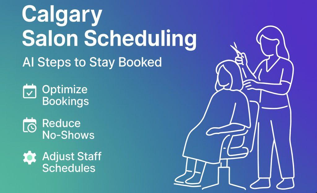 Calgary salon scheduling infographic with teal-purple gradient showing stylist and client illustration with AI booking benefits