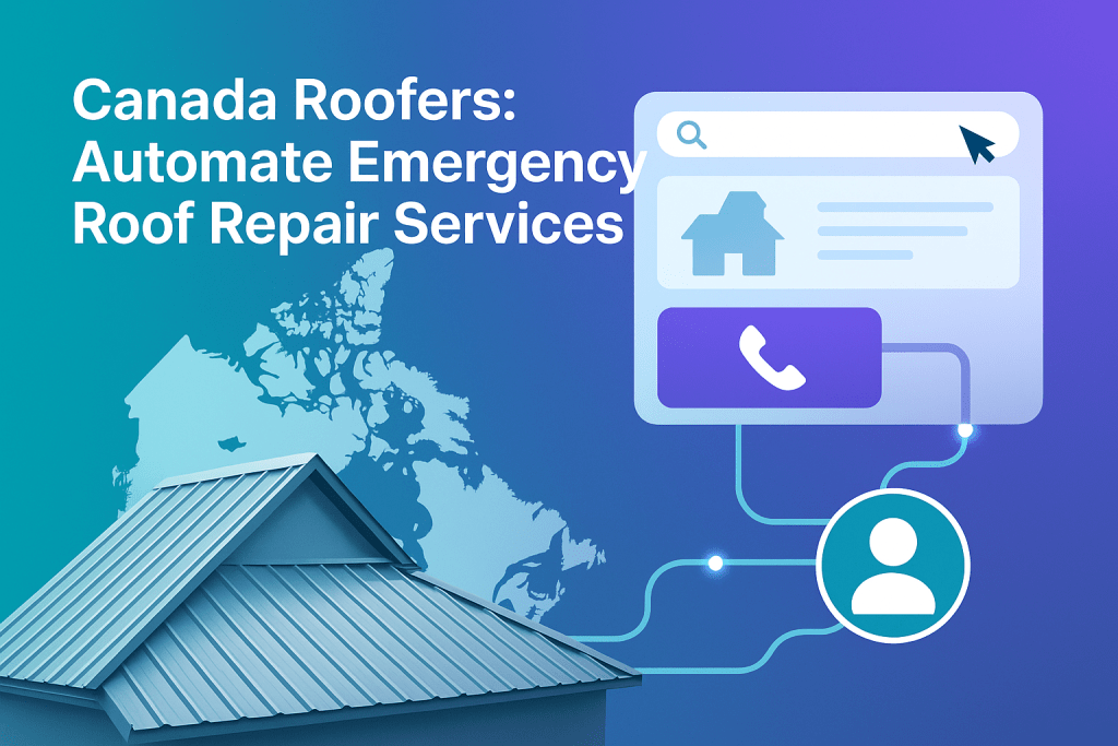 Digital workflow visualizing automated client acquisition for Canadian roofing companies with connected roof, phone, and map elements in Solvync teal and purple tones
