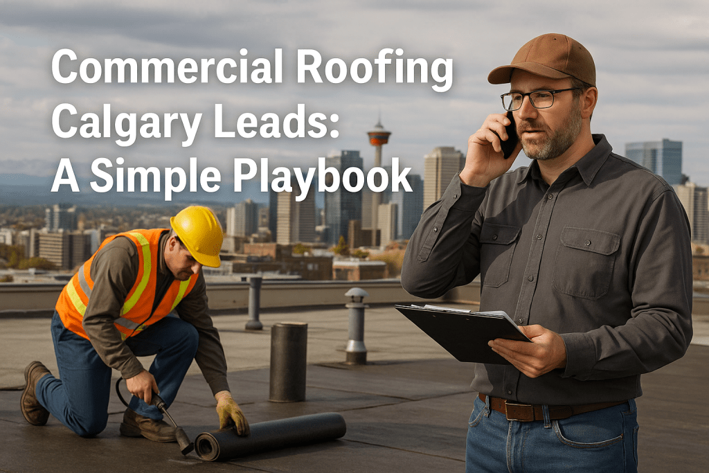 Commercial roofing owner in Calgary on phone with clipboard while roofer in safety gear works on flat roof under skyline