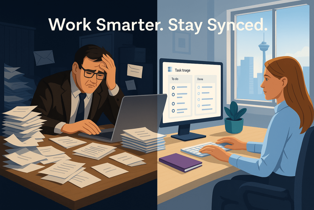 AI-powered accounting transformation scene with tagline ‘Work Smarter. Stay Synced.’ in Solvync brand style