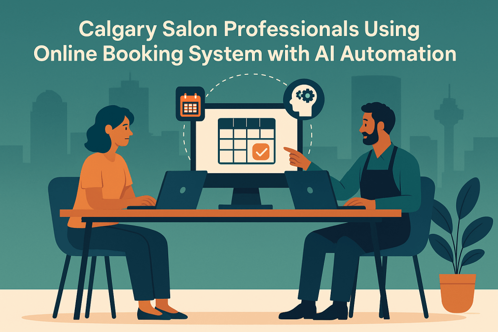 Calgary salon team using laptops and AI tools for online booking in modern workspace with technology and business blend