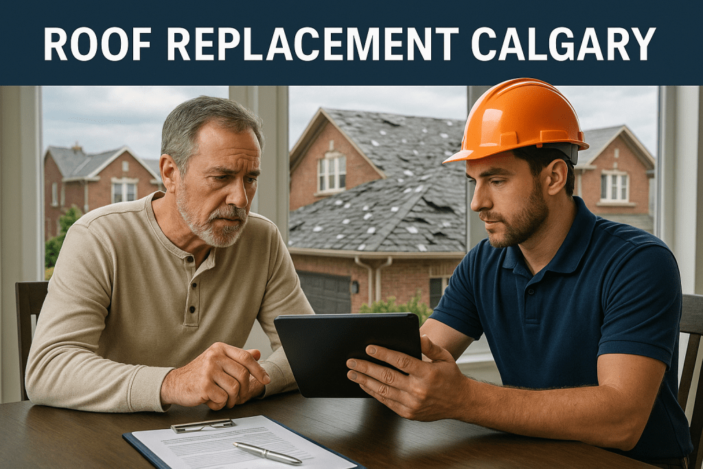 Calgary homeowner reviewing roof replacement details with professional roofer using tablet indoors after hailstorm
