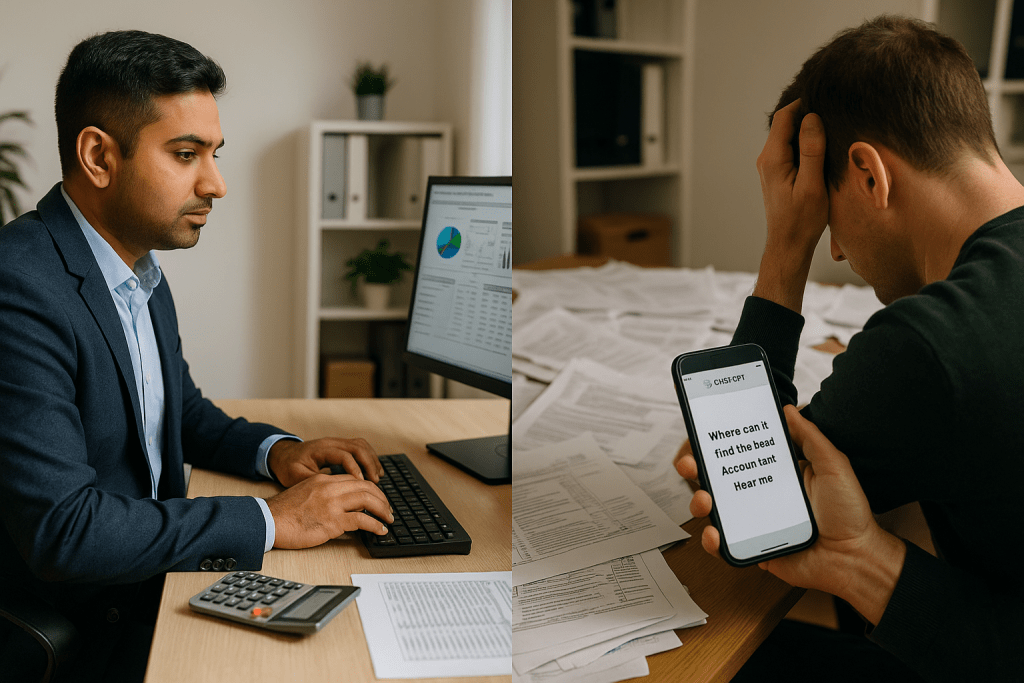 Canadian accountant working on computer in Calgary office beside frustrated client surrounded by tax papers searching ChatGPT for best accountant near me