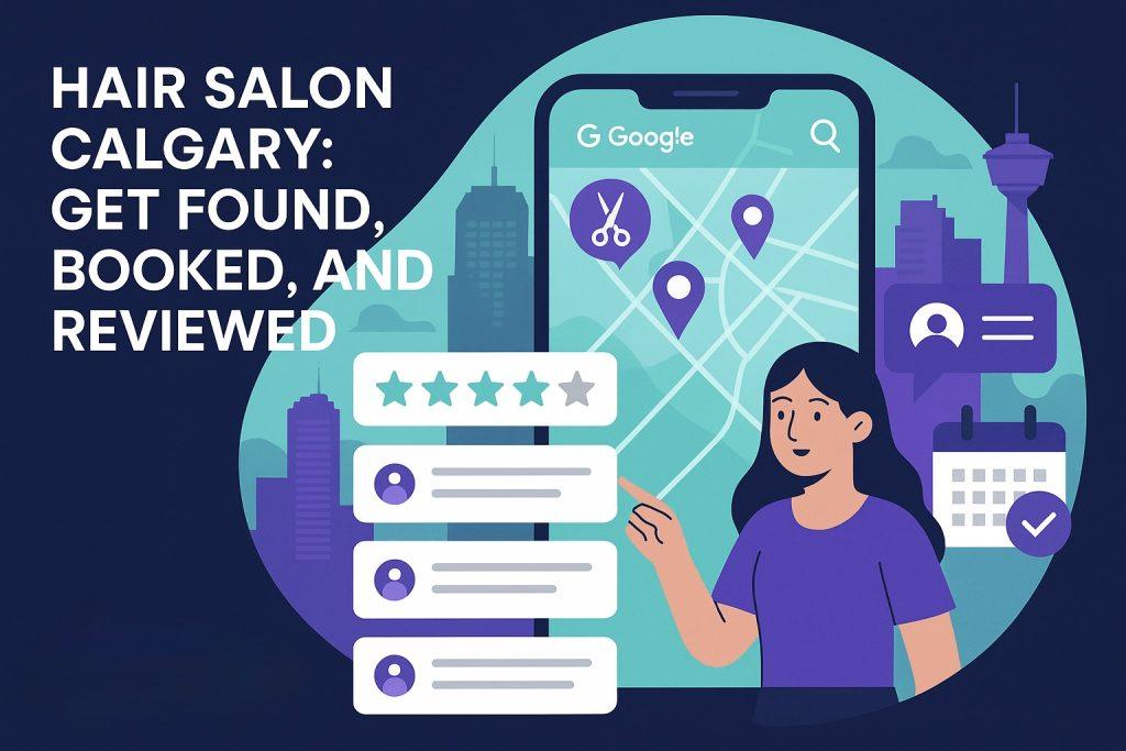 Calgary hair salon interior with stylist cutting client’s hair, natural light, teal and purple Solvync accents